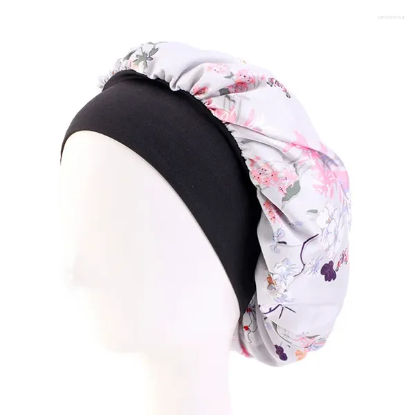 Fermagli per capelli Cofani in raso setoso Stampa floreale Copricapo Cappellini con fascia elastica larga Cappello da donna Copricapo Gioielli Berretto da notte