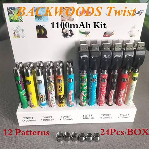 Backwoods/Çerezler Pil Twist Ekran 1100mAh 3.3-3.7-4.3-4.8V Ayarlanabilir Voltaj USB Şarj Cihazı İşaretçisi Karikatür Önceden Isıtma Pil 24 PCS