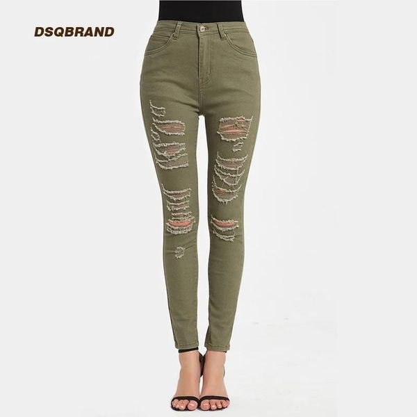 Jeans dsqbrand feminino cintura alta exército verde + branco rasgado collants moda estilo rua menina namorado jeans de alta qualidade longo