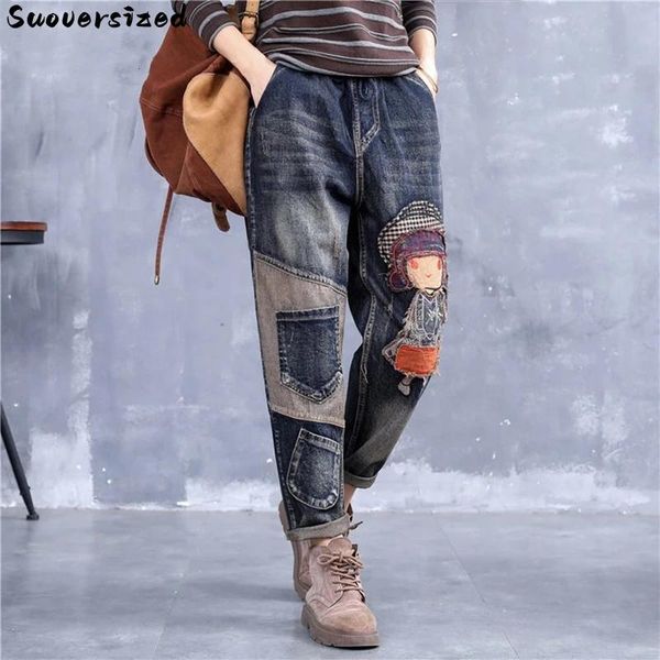 Jeans Übergroße 5xl Stickerei Y2k Harem Jeans Gespleißt Knöchellange Hosen Frauen Vintage Denim Hosen Baggy Koreanische Straße Vaqueros Neue