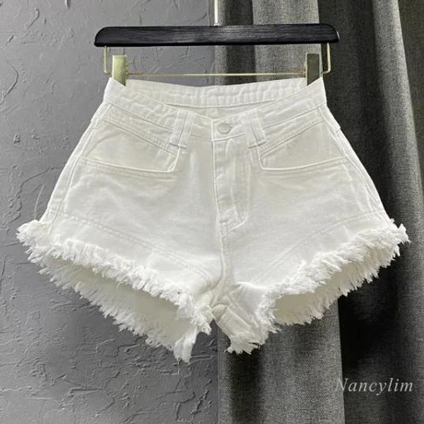 CAPRIS WHITE Denim Shorts Mulheres Novas Highwaist Ripped Fringd Burr Pants Hot 2023 Summer Loose Wieleg estilo coreano curto femme