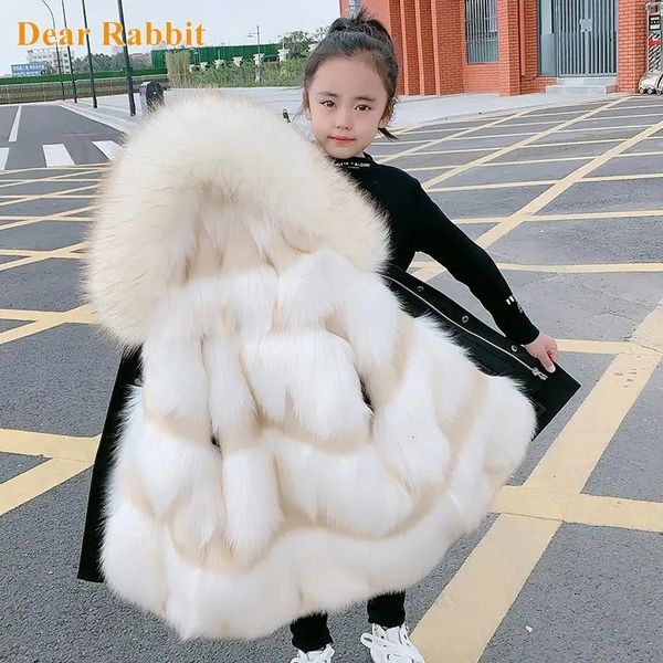 Piumino Moda inverno Bambini Cappotto di pelliccia di volpe sintetica Capretto Ragazzi Ragazze Abbigliamento Abbigliamento Giacca con cappuccio spessa e calda Capispalla Parka tuta da neve 231215