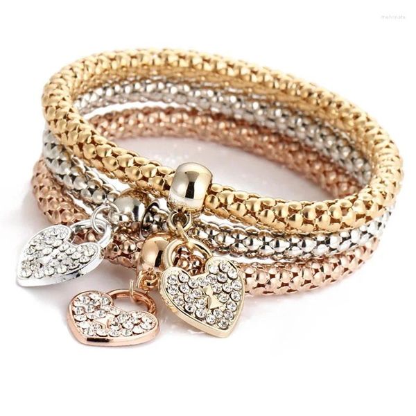 Strang 3 teile/satz Popcorn Kette Armbänder Rose Gold Silber Farbe Elastische Herz Liebe Medaillon Charm Anhänger CZ Kristall Armband für Frauen