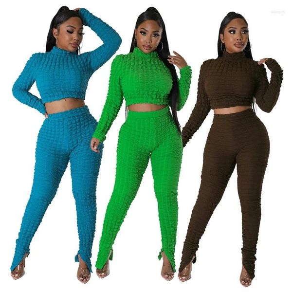 Calças femininas de duas peças sólido seersucker conjunto para mulheres outono manga longa gola alta colheita top e leggings magros clube bodycon