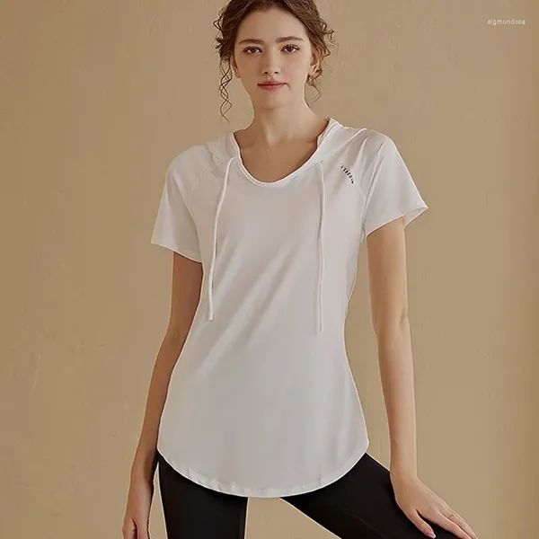 Aktive Shirts Kurzarm Yoga frauen Kordelzug Workout V-ausschnitt Sport Tops Fitness Mit Kapuze Gym Training Weibliche Sportswear