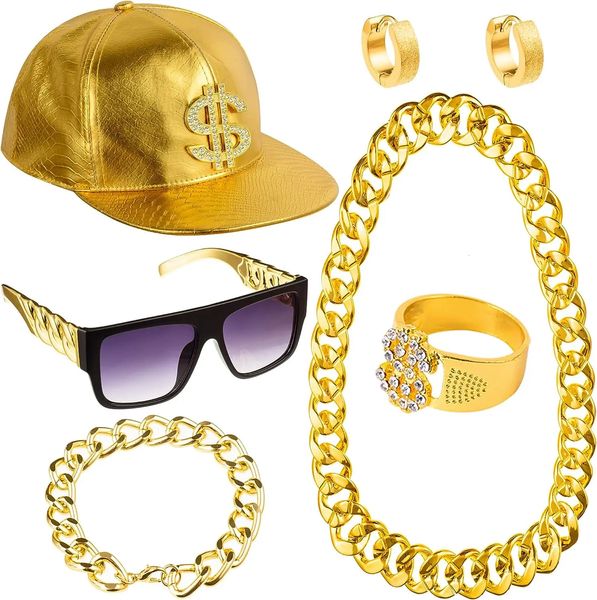 Stud PESENAR 80er 90er Hip Hop Kostümset Metallkette Flat Top Sonnenbrille Rapper Große Halskette und Armband Hip Gold Cap 231216