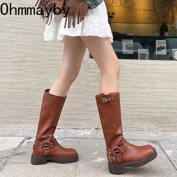 Mulher mais quente ocidental cowgirl bota moda volta zíperes botas longas causal suqare salto baixo inverno botas de motociclista feminino