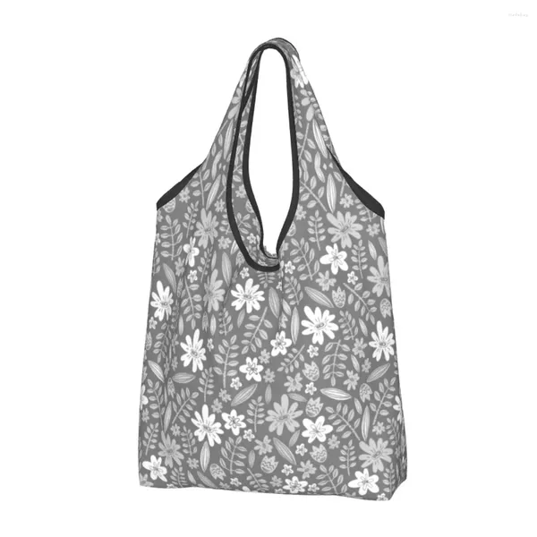 Sacs à provisions gris blanc Floral réutilisable épicerie pliable capacité de poids de 50LB sac écologique léger écologique