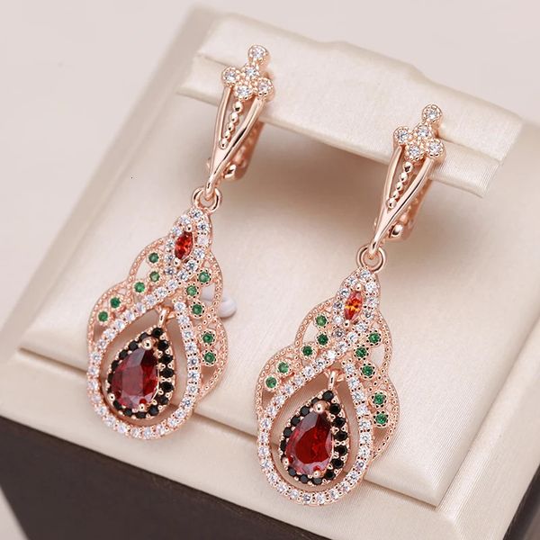 Dangle Chandelier Kinel 585 Rose Gold Color Brincos para Mulheres Cristal Flor Vermelho Natural Zircon Vintage Jóias 231216