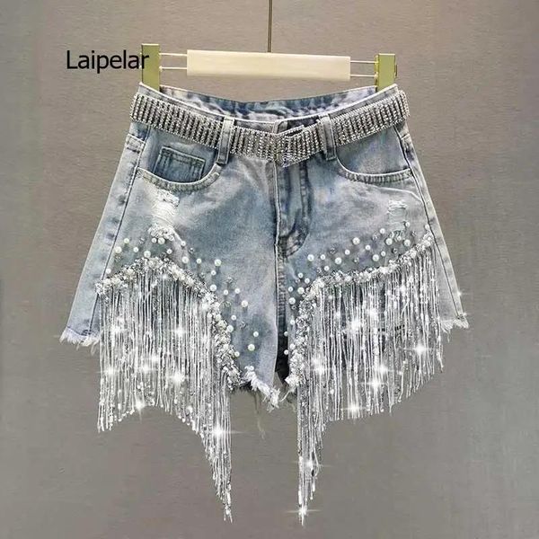 Jeans Weibliche Denim Shorts 2021 Sommer Tragen Neue Hohe Taille Abnehmen Schwere Perlen Pailletten Fransen Zerrissene Breite Bein Hosen Jeans hot Pants