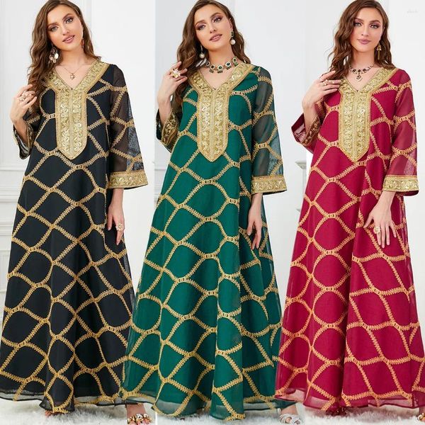 Abbigliamento etnico Abaya per le donne musulmane Scollo a V Manica lunga Scollo a righe Bordo dorato Abaya Dubai Abito lungo islamico 3647