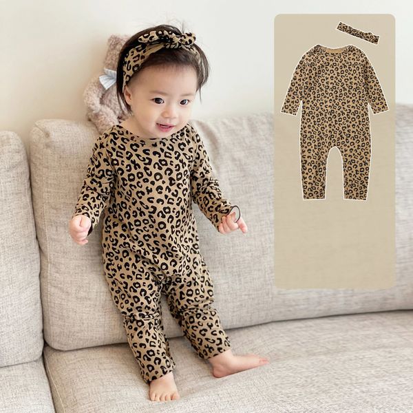 Macacões nascidos crianças bebê meninos meninas roupas outono leopardo impressão macacão doce algodão macacão manga longa inverno outono outfit 0 24m 231215