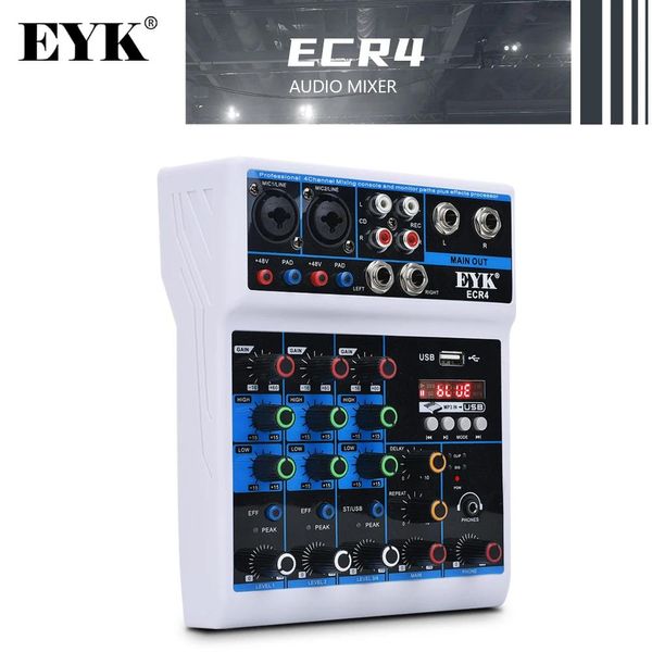 Mixer Eyk 4Cannel Audio Mixer Console com fonte de alimentação USB Conectar -se à placa de som incorporada ao computador adequada para gravação ao vivo em casa