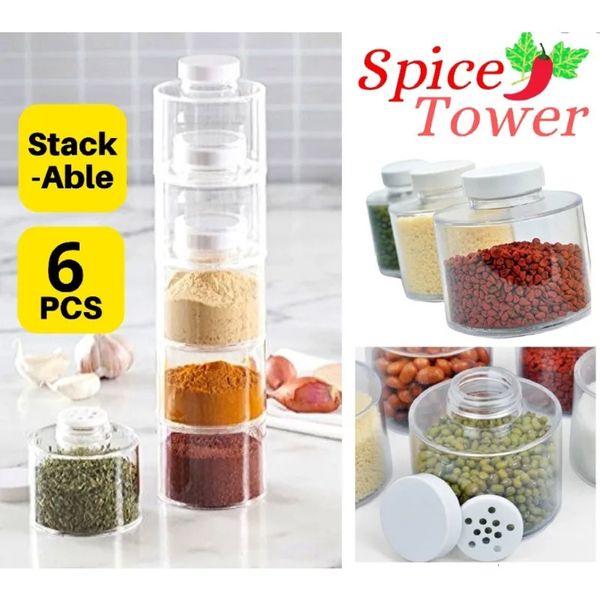 Herb Spice Tools 6 Pcs / Set Jar Pepper Shaker Caixa Torre Transparente Tempero Latas Cozinha Rack Condimento Garrafas 231216