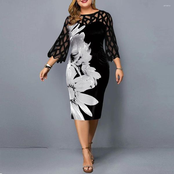 Abiti Casual Abito estivo Donna 2024 Elegante stampa floreale Compleanno Club Party Plus Size Sexy Patchwork Mesh Aderente 5XL