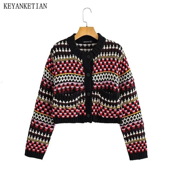 Womens Sweaters Keyanketian Outono e Inverno Vintage Jacquard Malha Cardigan Étnico Retro Colorido Curto Camisola Jaqueta Mulheres Top 231216