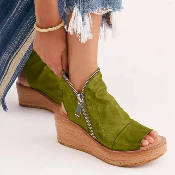 Sandalet Yuvarlak içi boş tarafı kadın ayak parmağı renk platformu Katı moda fermuarlı yastık kadınlar için