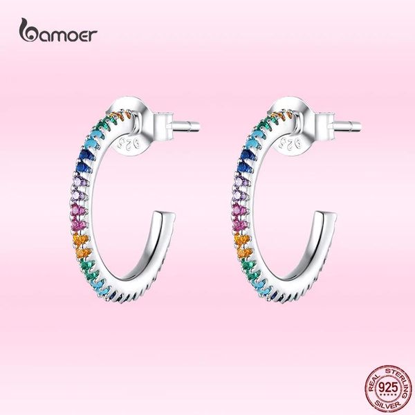 Huggie Bamoer 925 Sterling Silver Rainbow Color Half Hoop Brincos para Mulheres REAL CZ DAGADA DAGAÇÃO DE CASAMENTO JOENS DE JOENS GXE837