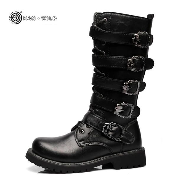 Stiefel Winter Männer Motorrad Stiefel Mode Mid-Kalb Punk Rock Punk Schuhe Herren PU Leder Schwarz High top Casual boot Mann 231216