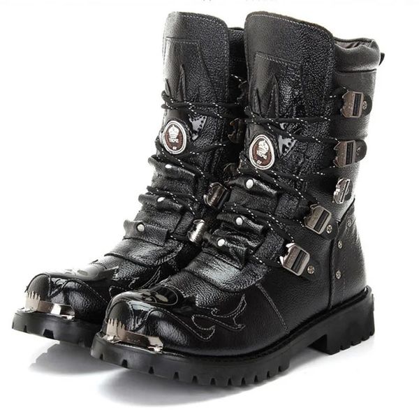 Botlar Kış Men Motosiklet Botlar Moda Orta Salf Punk Rock Punk Ayakkabı Erkekler Gerçek Deri Siyah Yüksek Üstü Erkek Boot 38-46 231216