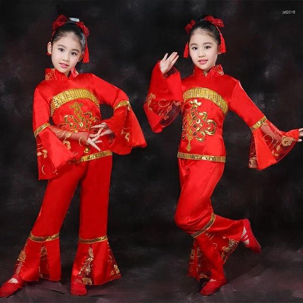 Abbigliamento da palcoscenico Danza Yangko per bambini Costume da spettacolo nazionale cinese Elegante abito da ventaglio Panno classico per tamburo in vita