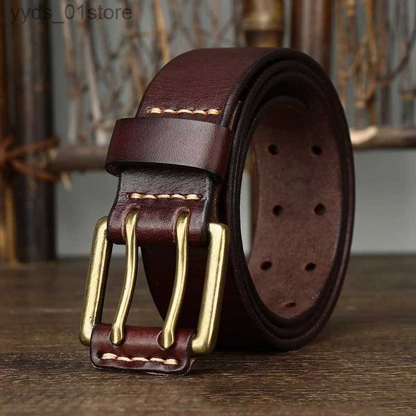 Cinture Cintura da uomo vintage larga 3,8 cm Cintura in vera pelle di vacchetta Cintura in rame con doppia fibbia ad ago Cintura jeans fatta a mano Moda maschile StrL231216