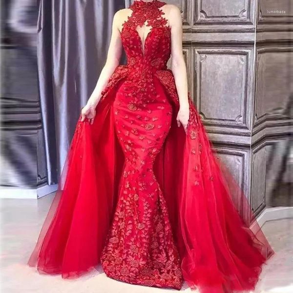 Vestidos casuais glamouroso vermelho destacável trem vestidos de noite alta pescoço apliques frisado festa saudita árabe dubai celebridade baile