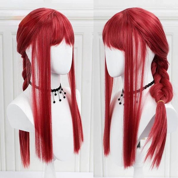 Fontes de festa Anime Motosserra Homem Peruca Makima Long Rose Red Hair Cosplay Role Play Halloween Sintético