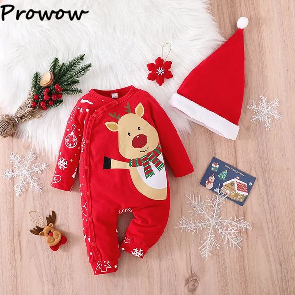 Rompers 0 18m Baby Christmas Born Cartoon Cute Deer Jumpuit con cappello di Natale My First Year Costume for Boys Girls 231215