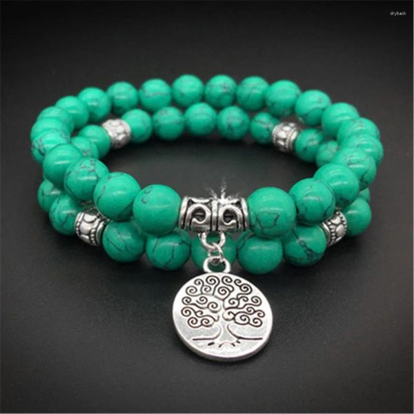 Commercio all'ingrosso di gioielli unisex con filo di pietra verde naturale da 8 mm, set di bracciale, albero di ascensore, pendente Chakra Yoga