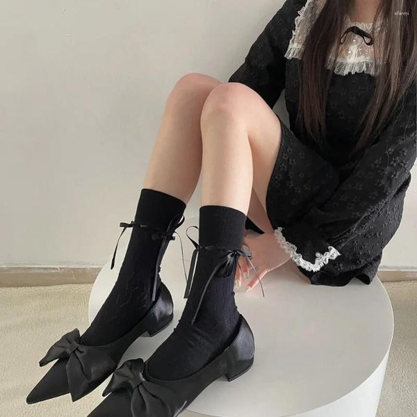 Meias femininas cor sólida preto branco longo fita bowknot meio tubo meia estilo ballet meia para menina senhora campus lolita