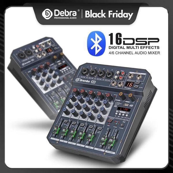 Mixer Debra Mixer audio portatile 4/6 canali Console DJ con scheda audio effetto Dsp, bluetooth, USB, per registrazione da PC e Karaoke.