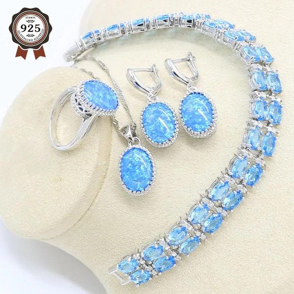 Ожерелья, овальные серьги с синим опалом, ожерелье, кулон, кольцо Sier, комплект ювелирных изделий, женский браслет с кристаллами, свадебный подарок на день рождения