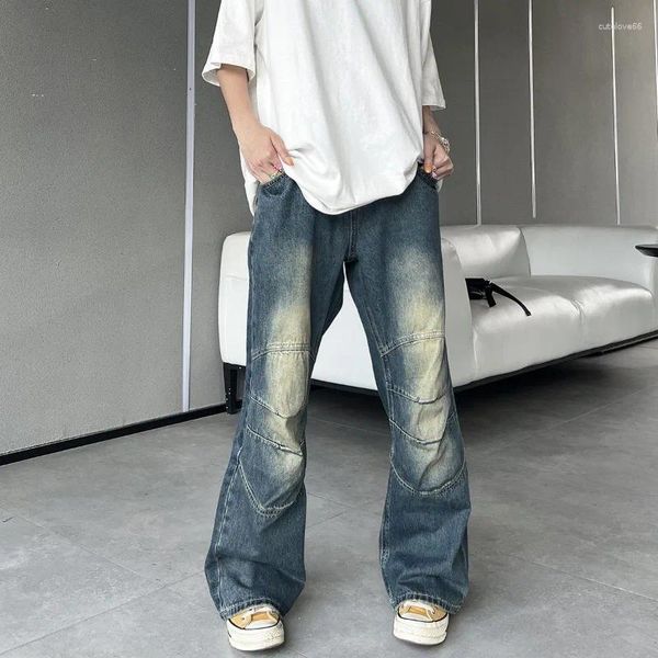 Herren Jeans Distressed Wash Crinkle Loose American Retro High Street Gerade Hose mit weitem Bein Harajuku Stil Schlaghose Herren