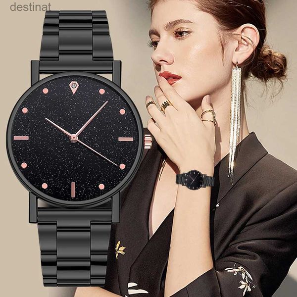 Relógios femininos preto relógio feminino 2023 marca superior de luxo céu estrelado senhora banda aço inoxidável analógico quartzo relógio de pulso para dropshipl231216
