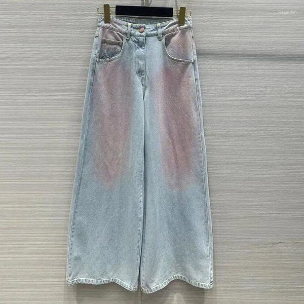 Jeans femininos mulheres azul rosa gradiente perna larga denim calças pista cintura alta diamante botões calças retas moda streetwear