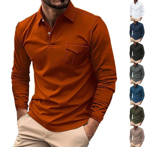 Мужские футболки, модная весенне-осенняя повседневная однотонная футболка с длинными рукавами и пуговицами, большая высокая мужская средняя пустая футболка
