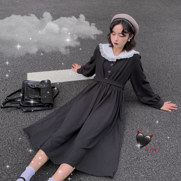 Skirt Haruku Gothic Kawaii Black Sailor Dress Women Women Lolita Girl Style Collar Vintage Bandage Vintage Casual Pieghe Long Vestidos 2023