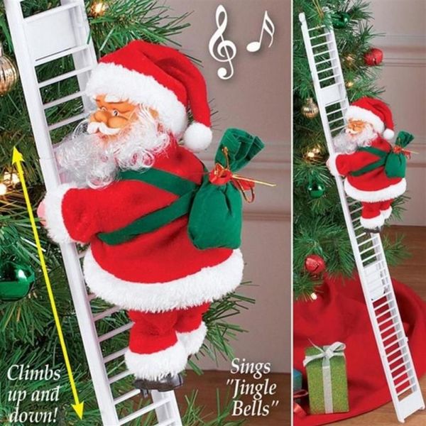 Decorações de Natal Escada de escalada elétrica Papai Noel Ornamento Decoração para casa Decoração de suspensão de árvore com música Kid Gifts258R