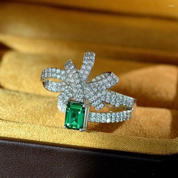 Anéis de cluster 925 prata flash esmeralda corte anel feminino turmalina inlay alto carbono diamante arco festa presente de aniversário