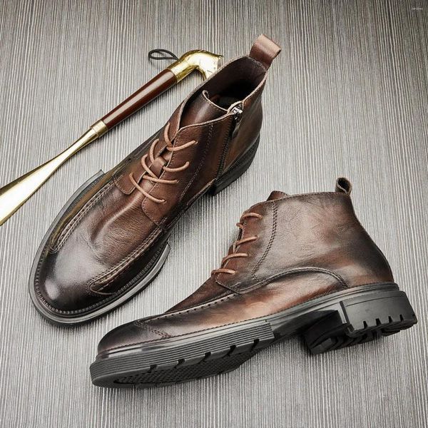 Botlar Erkekler büyük boyutlu ayak bileği kalın tabanca up kısa platform deri ayakkabılar bağcıklı vintage İngiliz nokta ayak parmağı patikaları