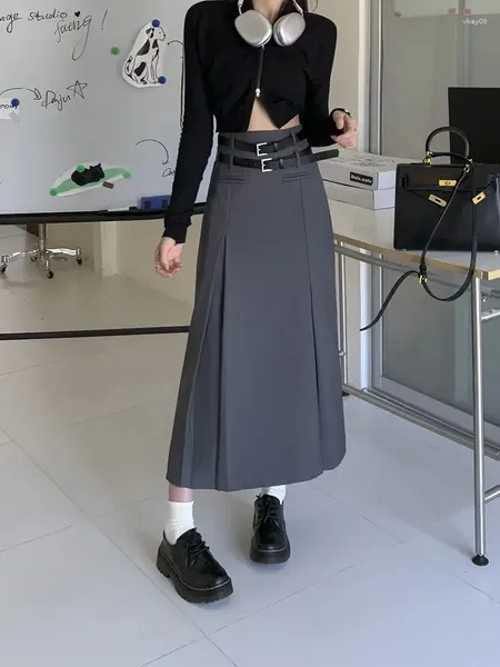 Юбки LOLIBOOK 2023, весенние женские длинные женские плиссированные юбки с высокой талией, простые повседневные женские корейские винтажные черные, серые юбки