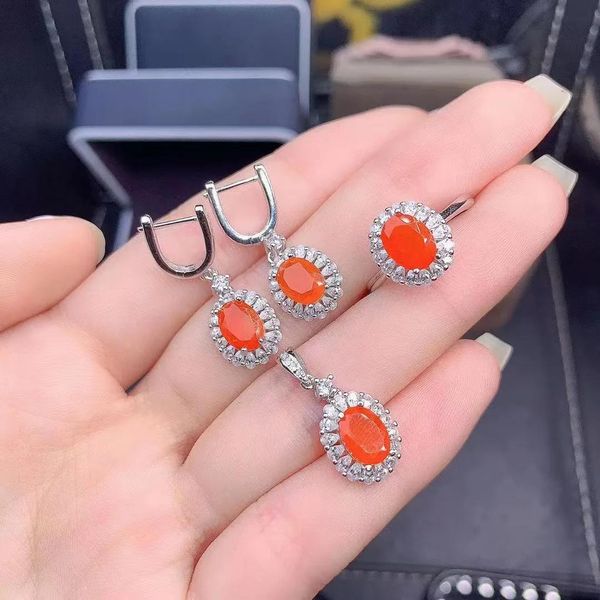 Collana naturale messicano arancione opale di fuoco Sier set di gioielli anello orecchini pendenti gioielli di fidanzamento da donna