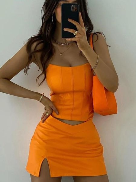 Rock -Clearance -Verkauf Orange Top und Rock Set Sexy Korsett Top Cropped und Leder Kleid trägerloses Top -Geburtstagskleid für Frauen 2022