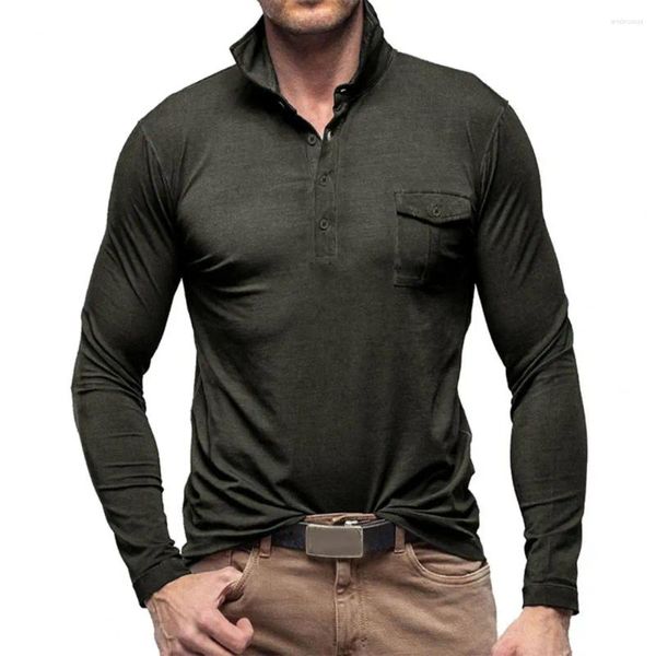 Camisas casuales para hombres Camisa de otoño para hombres Solapa Color sólido Mangas largas Slim Fit Botones de jersey Camiseta suave y transpirable Bolsillos con parche Top