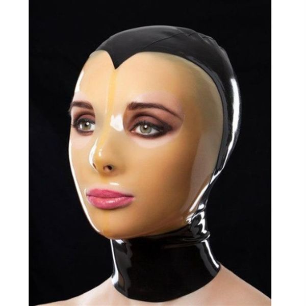 Schwarz-rote Latexmaske mit transparentem Gesicht, Latexhauben, Maske mit Reißverschluss hinten, Kostüme Requisiten278K
