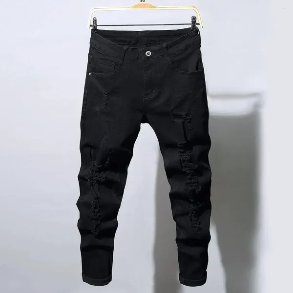 Мужские джинсы, мужские узкие байкерские рваные длинные джинсовые брюки, узкие спортивные штаны с карманами для молодых людей, эластичные черные брюки