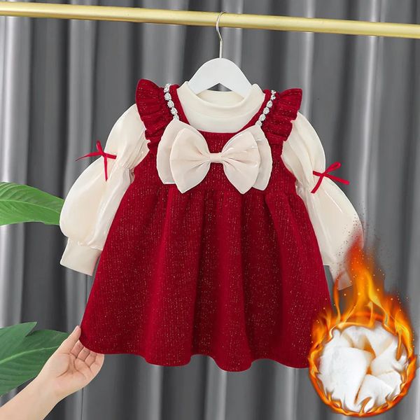 Vestidos da menina criança bebê meninas vestido outono inverno crianças vermelho ano de natal pelúcia quente infantil roupas conjunto saia superior para 1 4 anos 231216