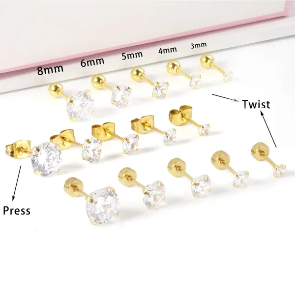 Orecchini a bottone in acciaio inossidabile orecchio cubic zirconia piercing di lusso color oro per gioielli da donna 2023 tendenze dimensioni 2-8mm