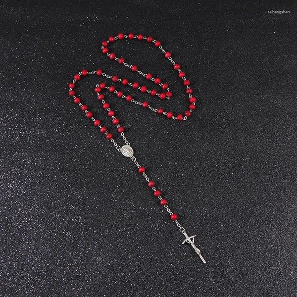 Colares Pingente Komi Design 6mm Bead Red Madeira Handmade Cross Rosário Colar Religioso Jesus Catolicismo Jóias R-199